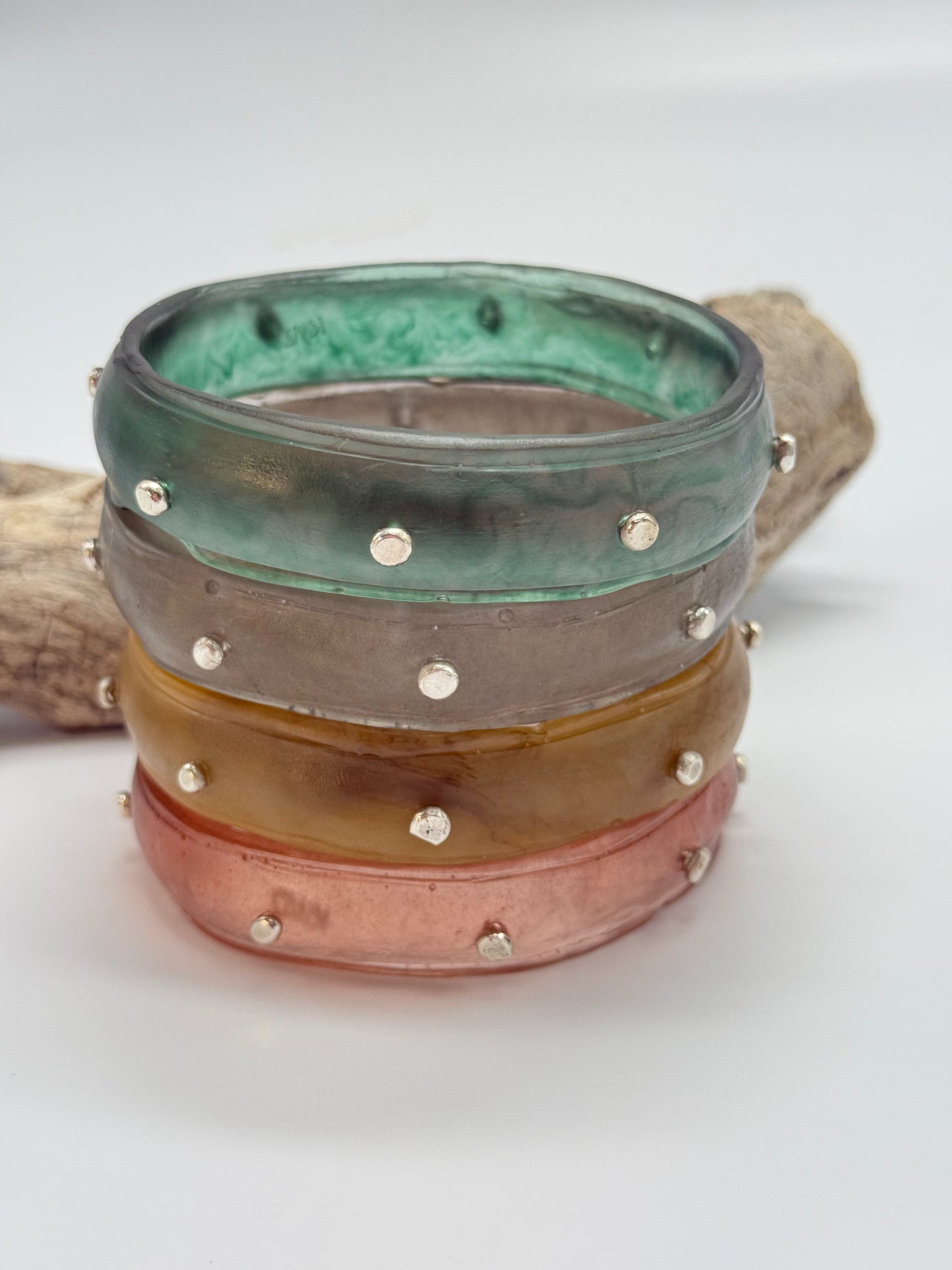 Translucent Kale Green Rim resin bangle with Sterling silver XL