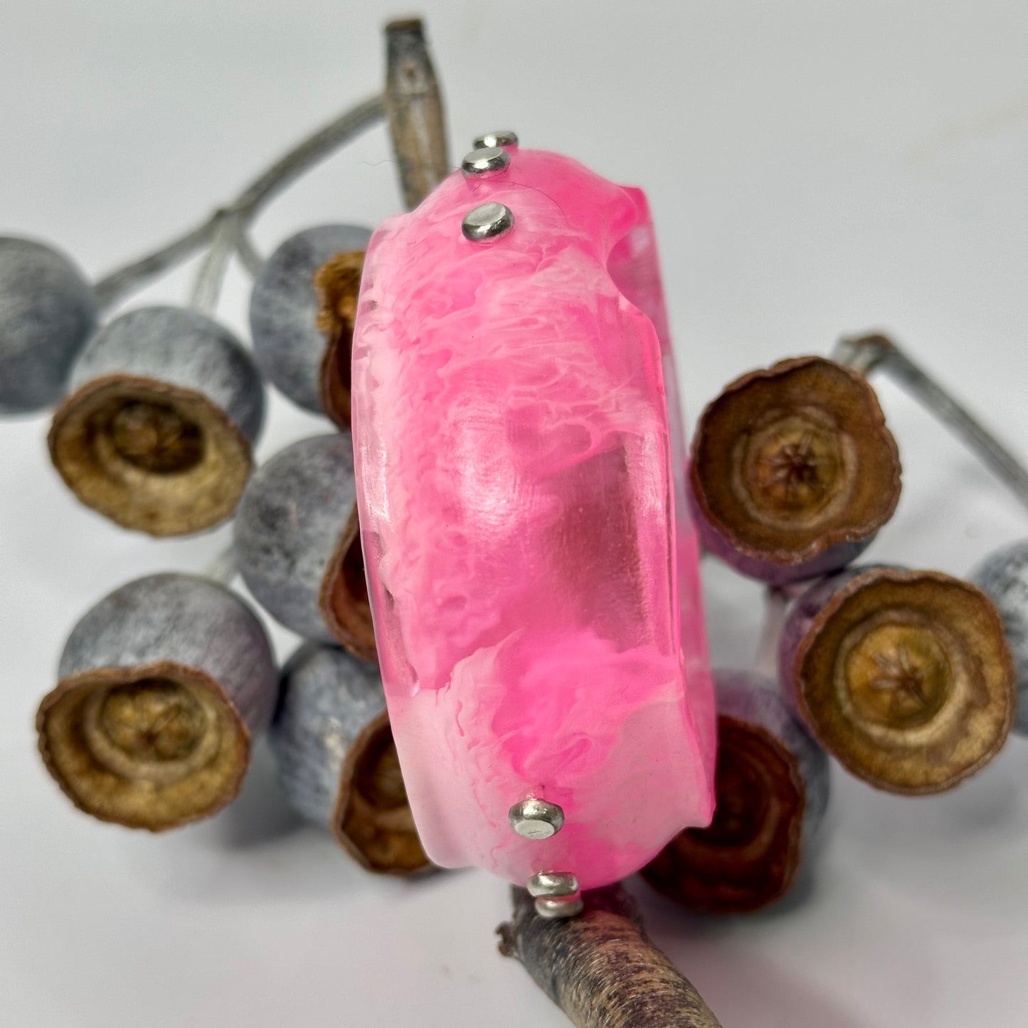 Pink/White swirl Resin & silver wide bangle - regular hand size