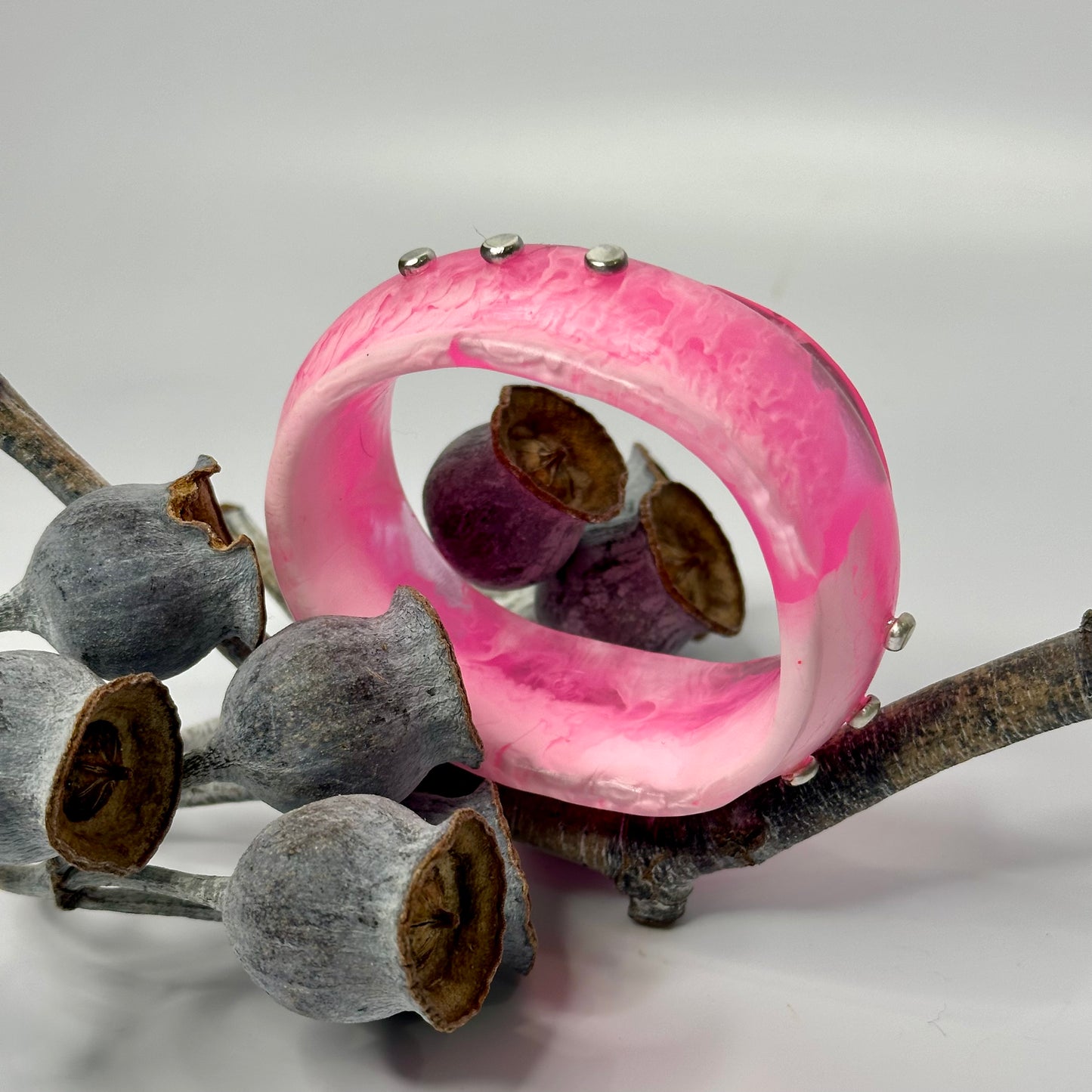 Pink/White swirl Resin & silver wide bangle - regular hand size