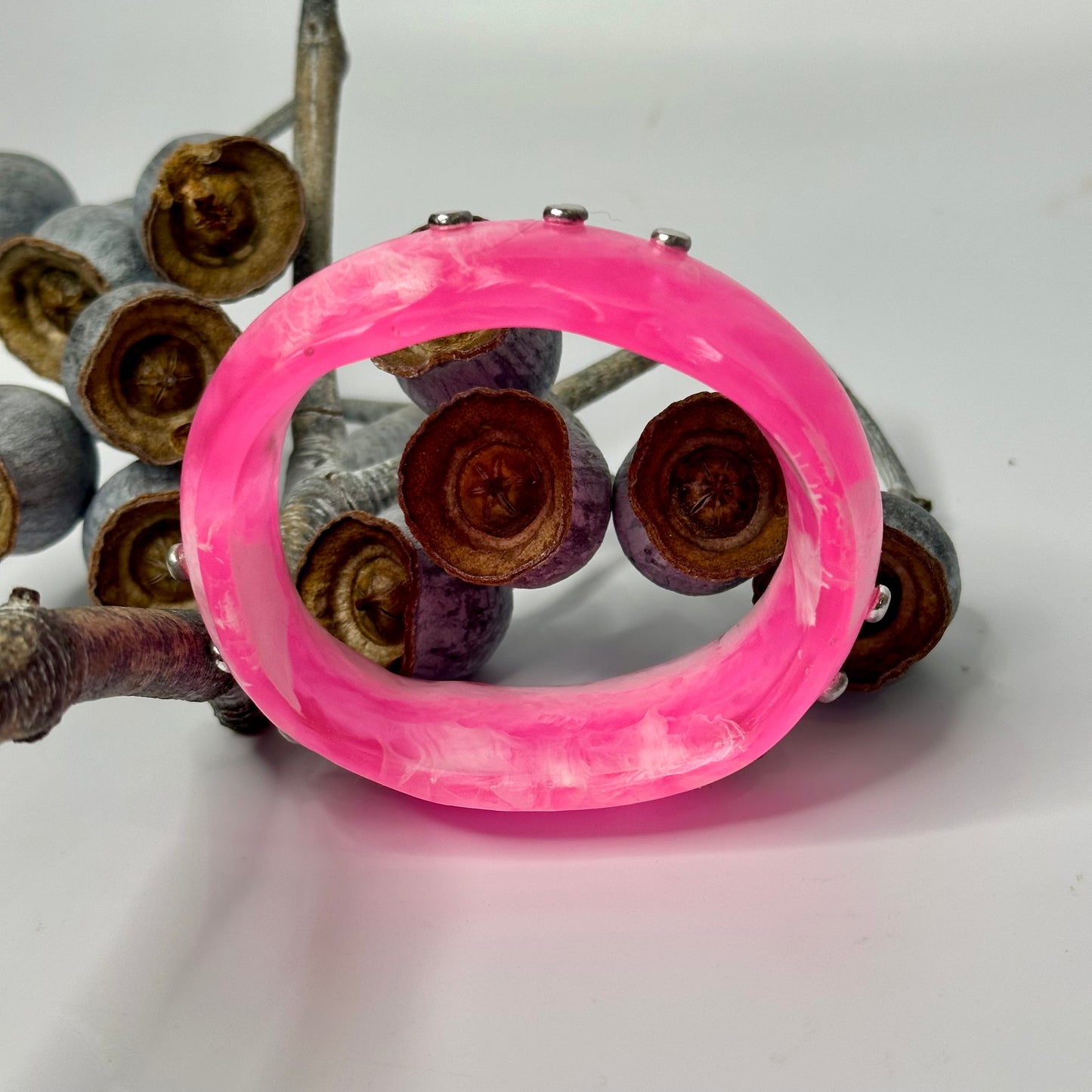 Pink/White swirl Resin & silver wide bangle - regular hand size