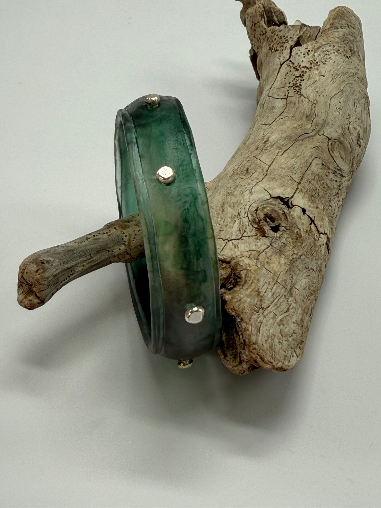 Translucent Kale Green Rim resin bangle with Sterling silver XL