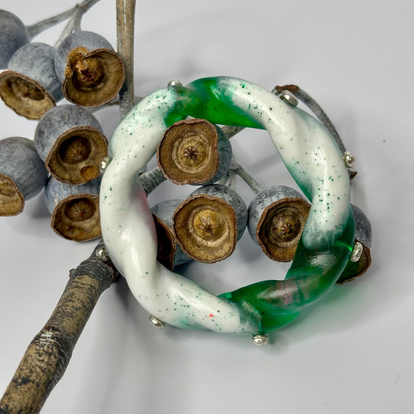Green/Pink/white swirl Chunky twist resin & silver bangle