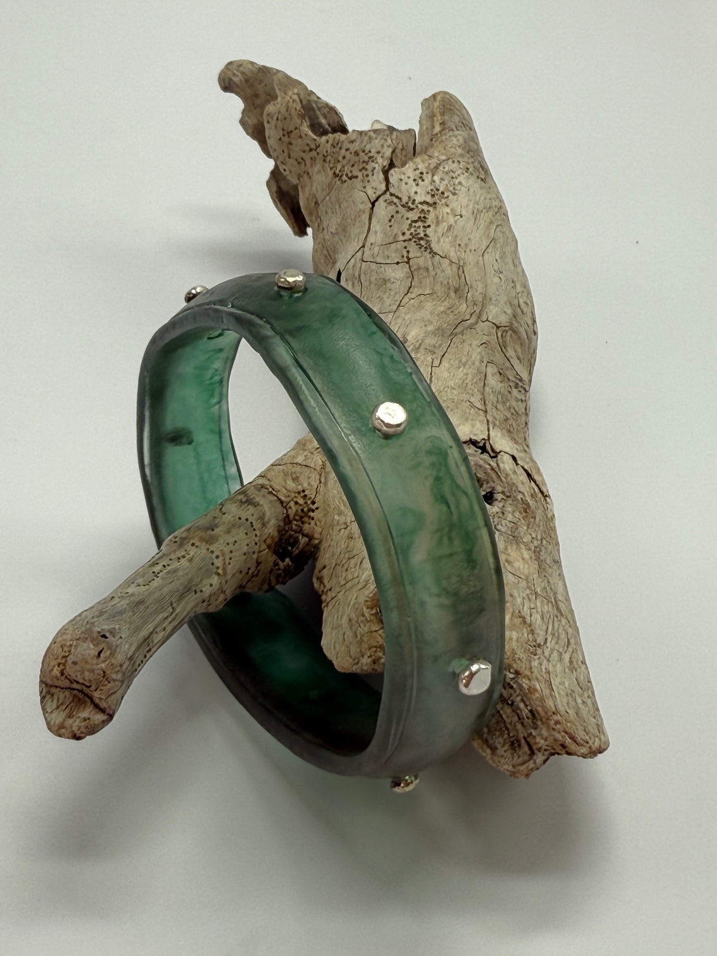 Translucent Kale Green Rim resin bangle with Sterling silver XL
