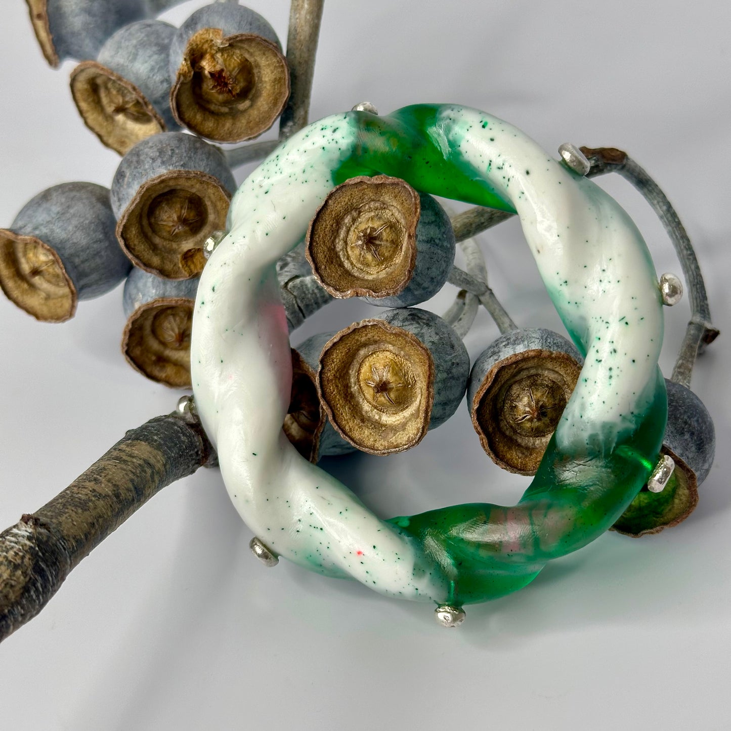 Green/Pink/white swirl Chunky twist resin & silver bangle