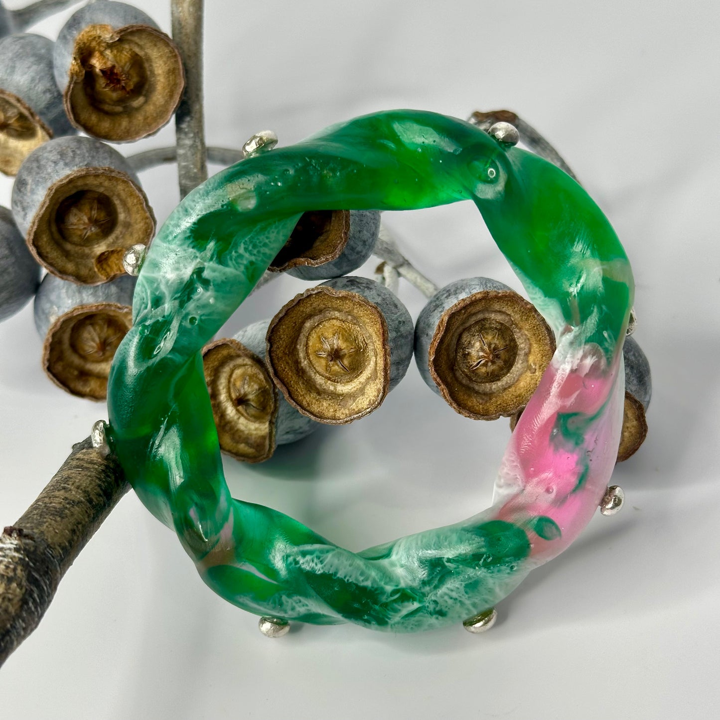 Green/Pink/white swirl Chunky twist resin & silver bangle