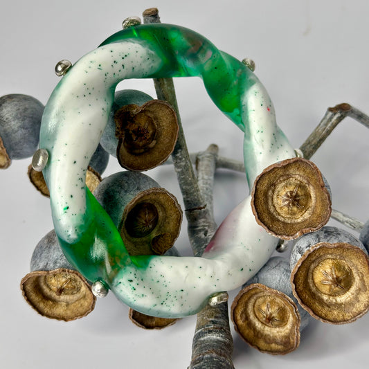 Green/Pink/white swirl Chunky twist resin & silver bangle