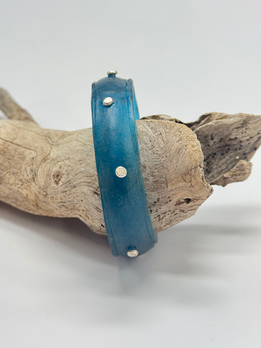Blue/Green coloured Rim resin bangle with Sterling silver XL