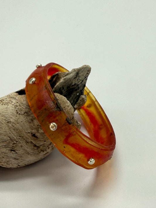 Orange/Red/Bronze coloured Rim resin bangle with Sterling silver XL