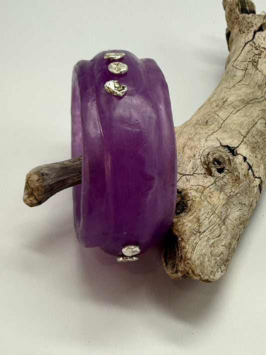 Purple Oval Thick Rim Resin & silver wide bangle - XS hand size