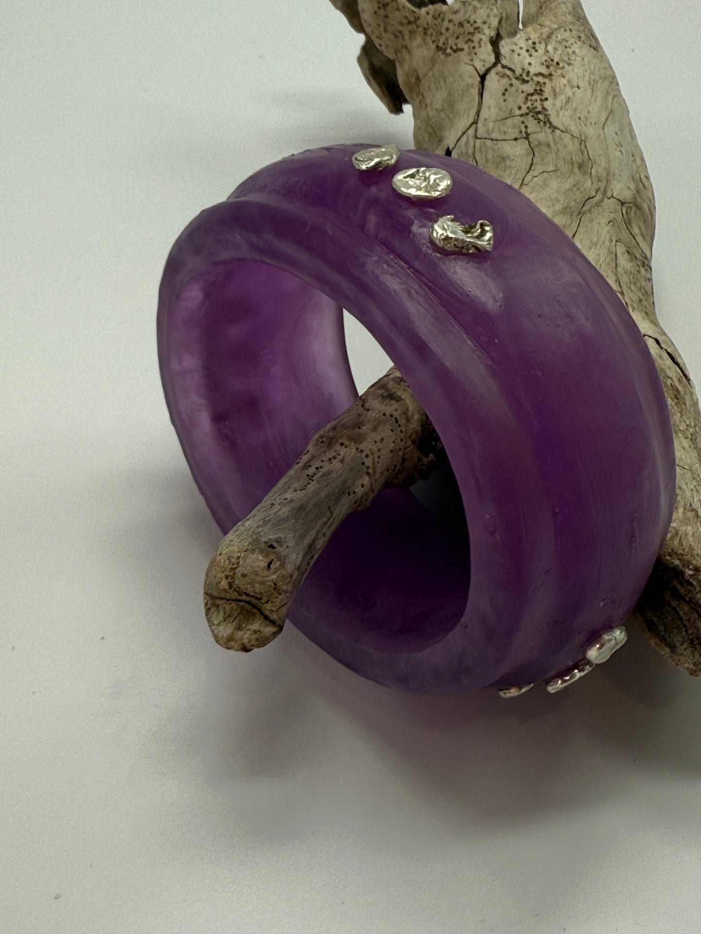 Purple Oval Thick Rim Resin & silver wide bangle - XS hand size