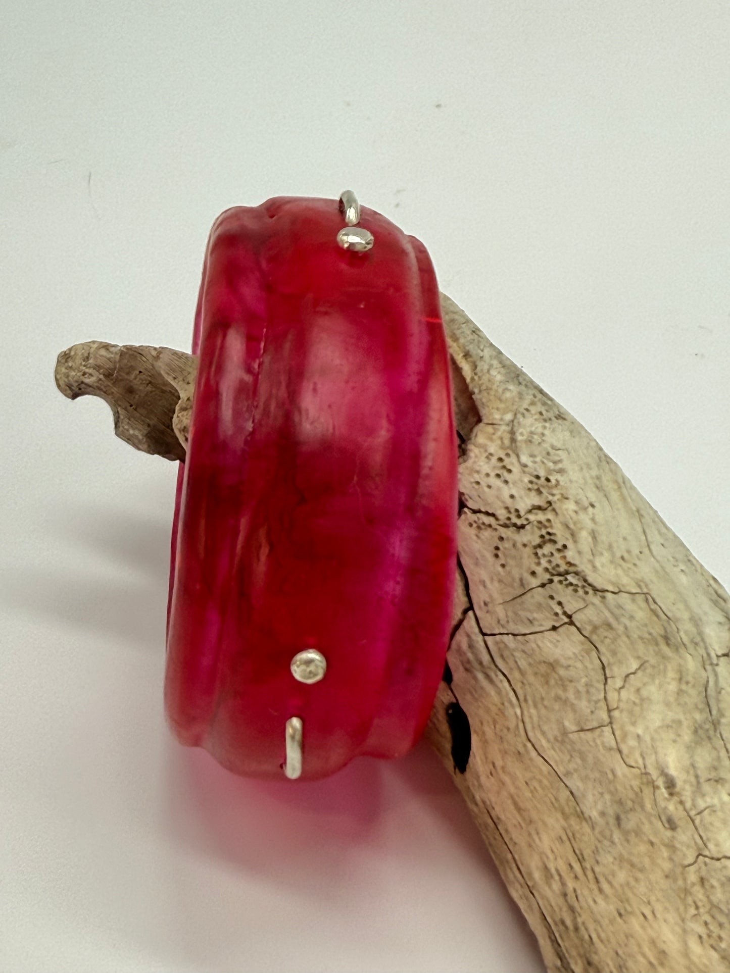 Strawberry Red Oval Thick Rim Resin & silver wide bangle - XS hand size