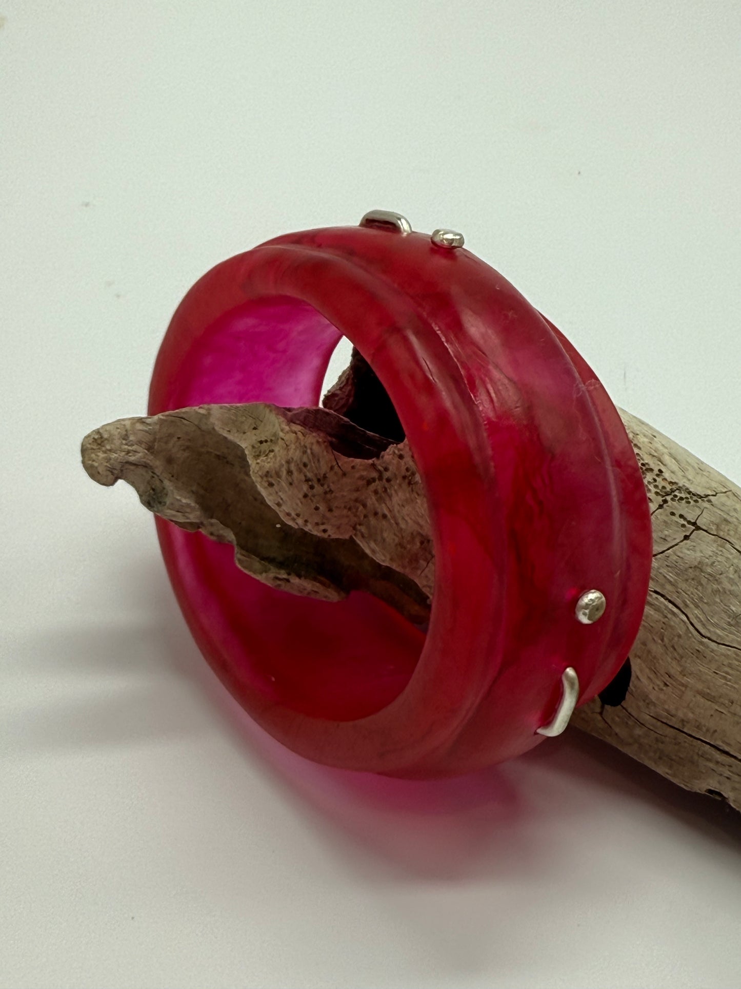 Strawberry Red Oval Thick Rim Resin & silver wide bangle - XS hand size