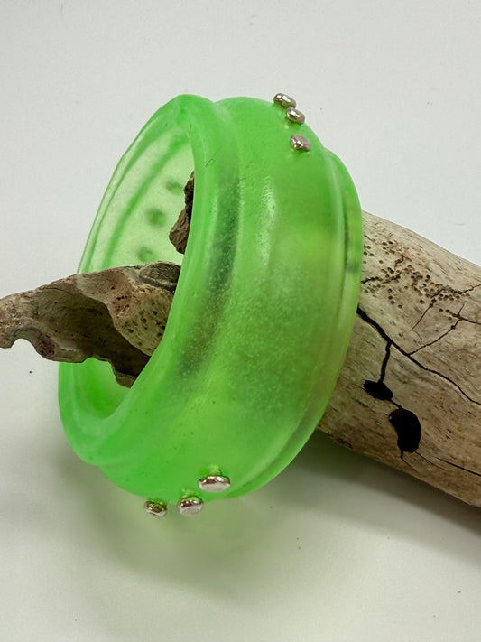 Neon Green Oval Thick Rim Resin & silver wide bangle - XS hand size