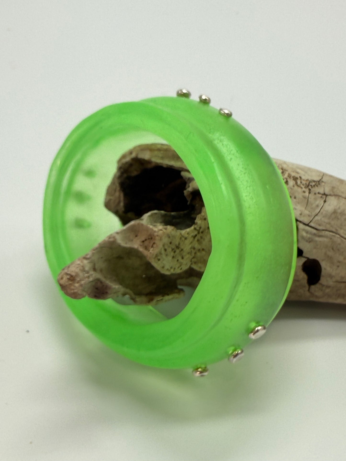 Neon Green Oval Thick Rim Resin & silver wide bangle - XS hand size