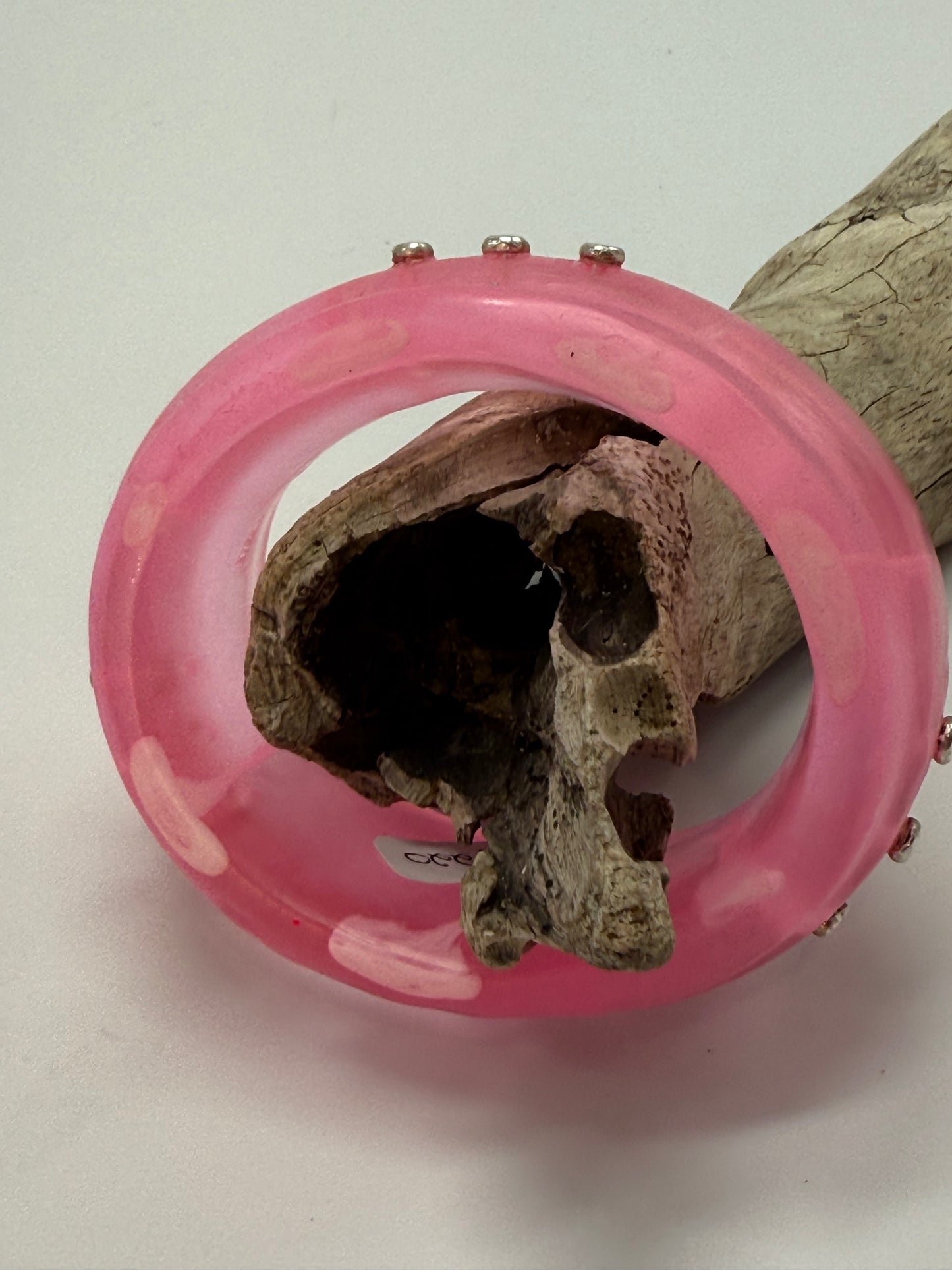 Translucent Pink/White Swirl Oval Thick Rim Resin & silver wide bangle - XS hand size