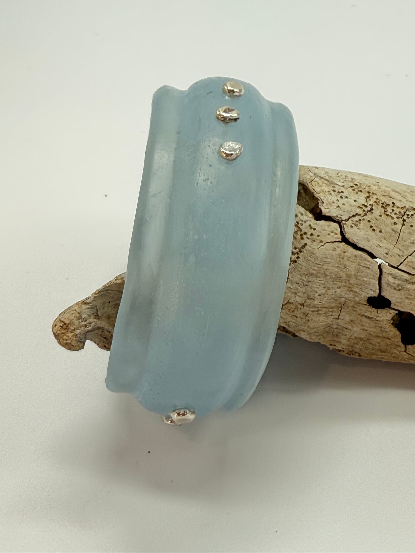 Pale Blue Oval Thick Rim Resin & silver wide bangle - XS hand size