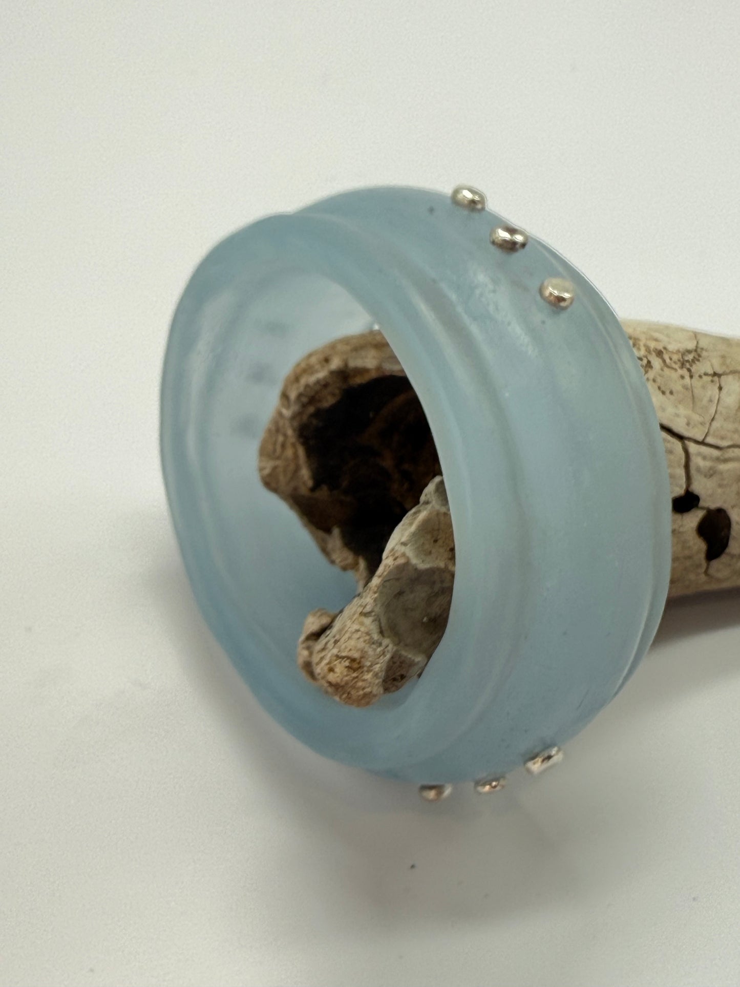 Pale Blue Oval Thick Rim Resin & silver wide bangle - XS hand size
