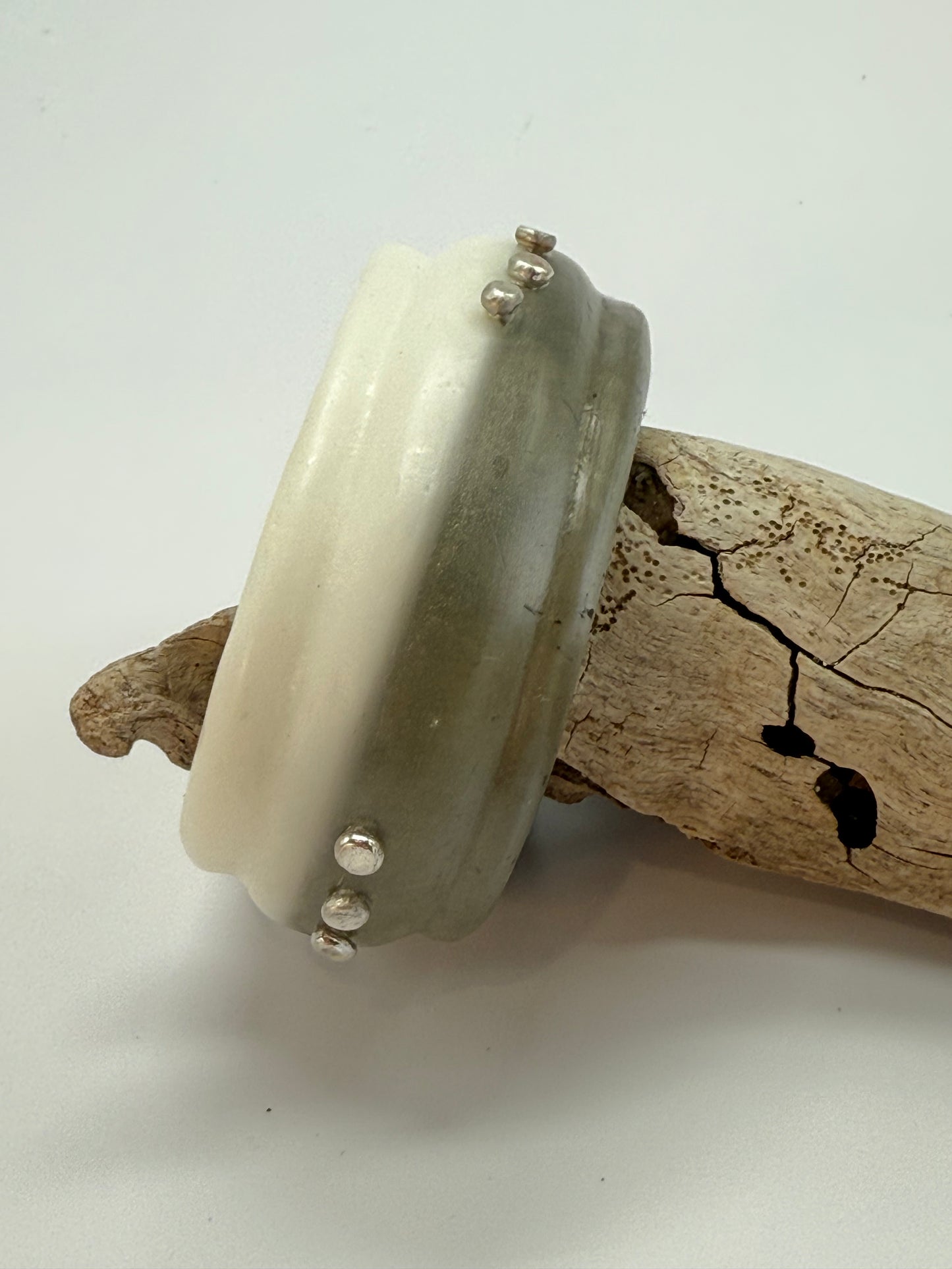 Moss/White Oval Thick Rim Resin & silver wide bangle - XS hand size