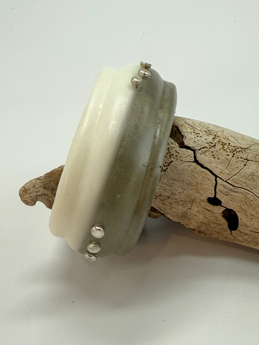 Moss/White Oval Thick Rim Resin & silver wide bangle - XS hand size