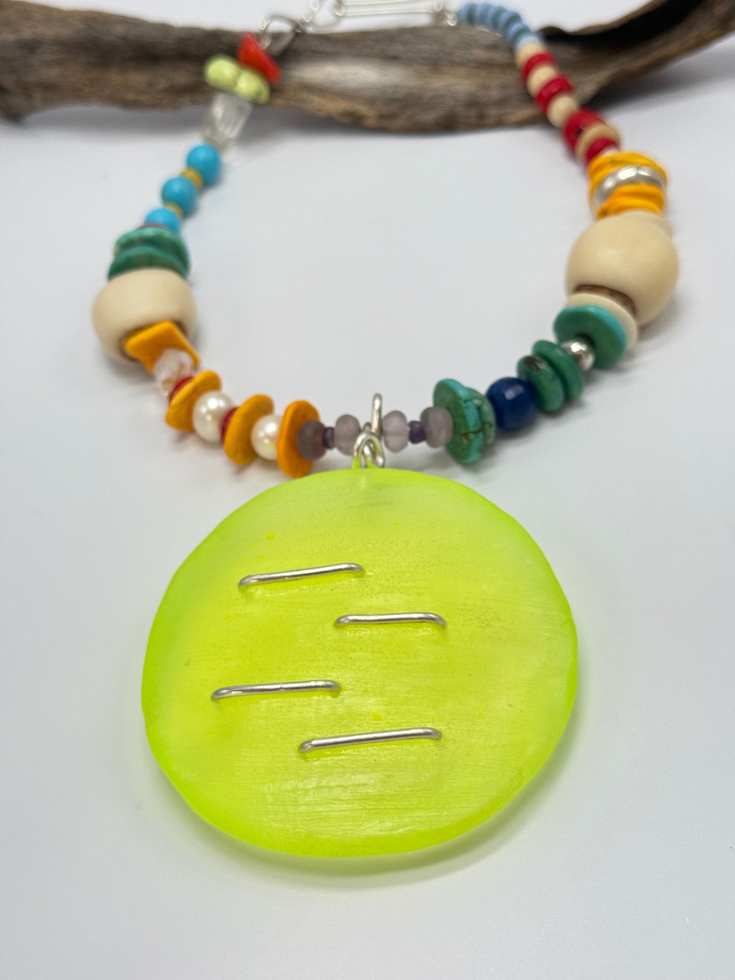 Translucent Neon Yellow resin & sterling silver pendant
