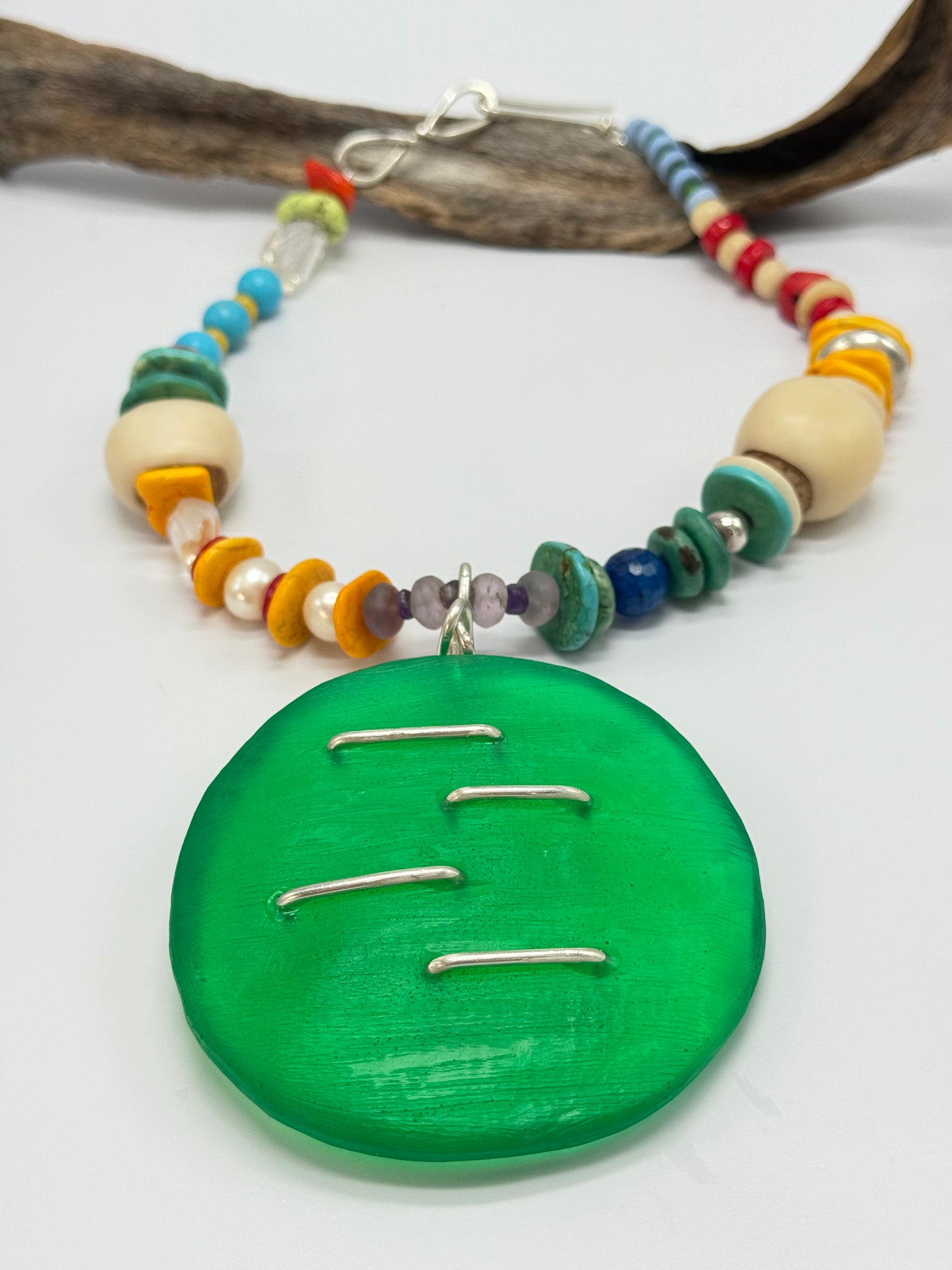 Translucent Jade Green resin & sterling silver pendant
