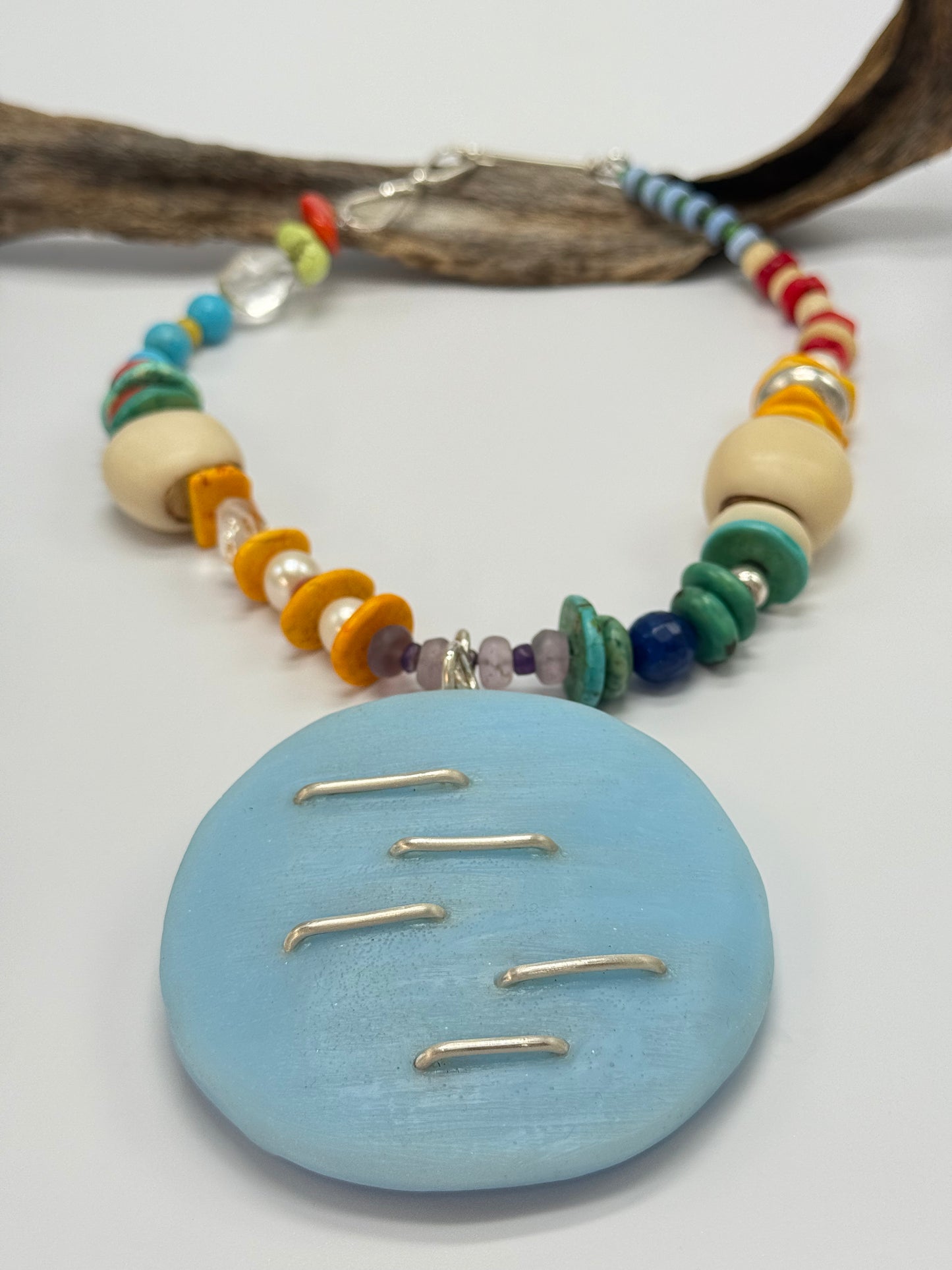Ski Blue resin & sterling silver pendant