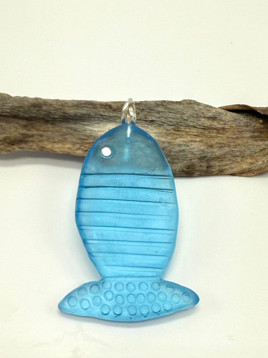 Translucent Blue Fish resin & sterling silver pendant