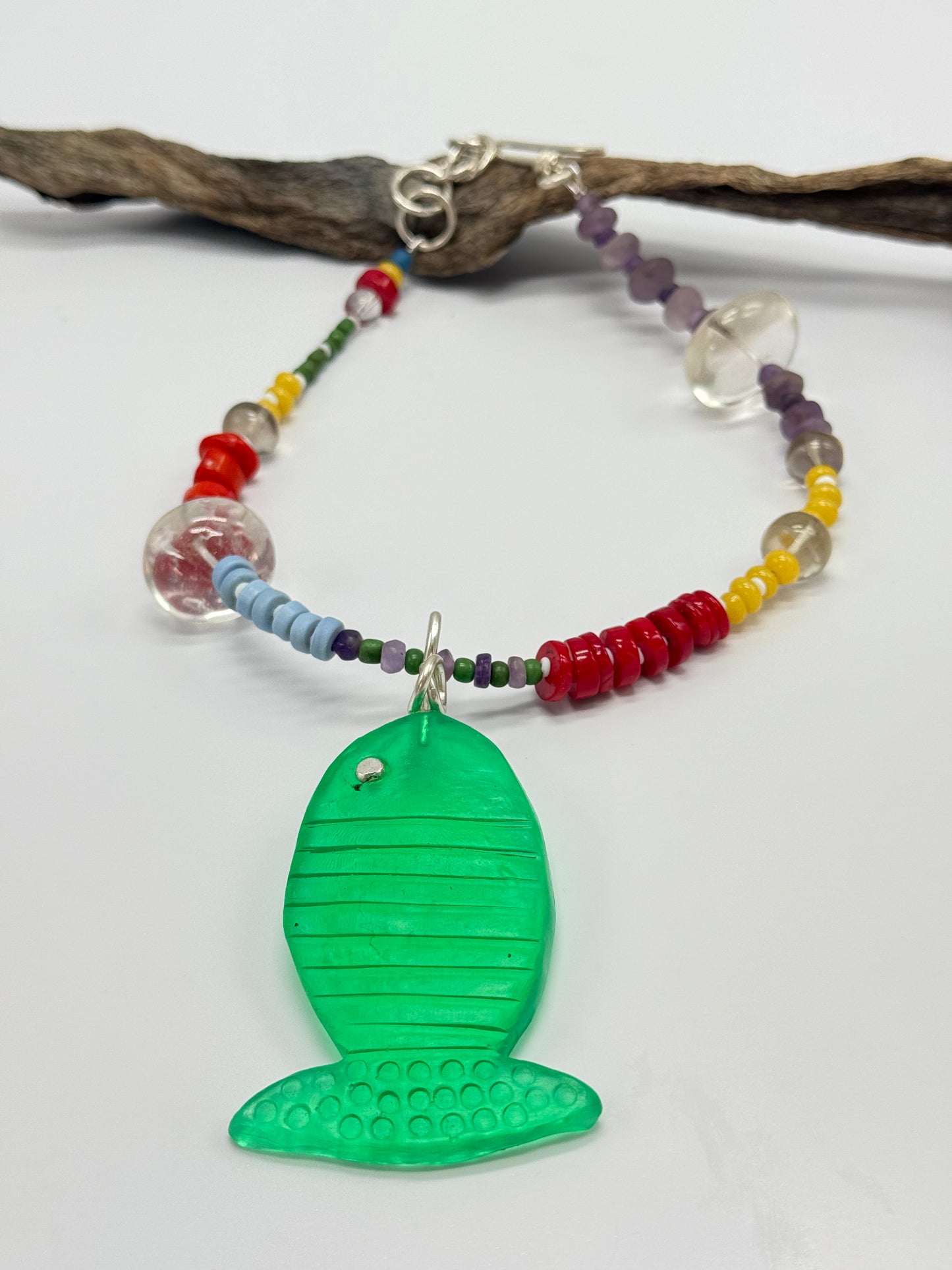 Translucent Jade Green Fish resin & sterling silver pendant