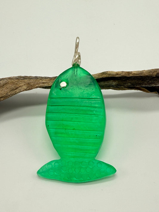 Translucent Jade Green Fish resin & sterling silver pendant