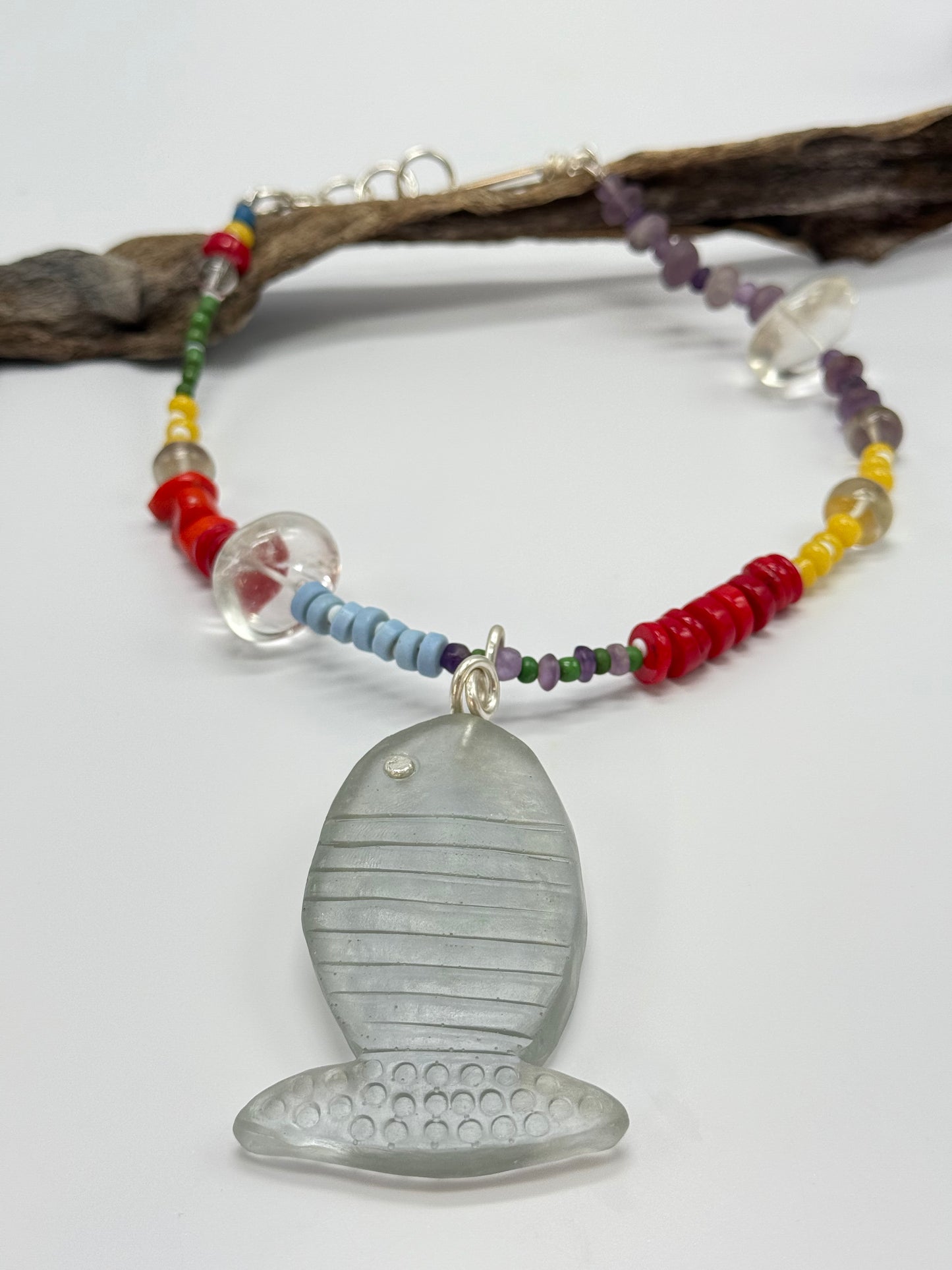 Translucent Moss colour Fish resin & sterling silver pendant