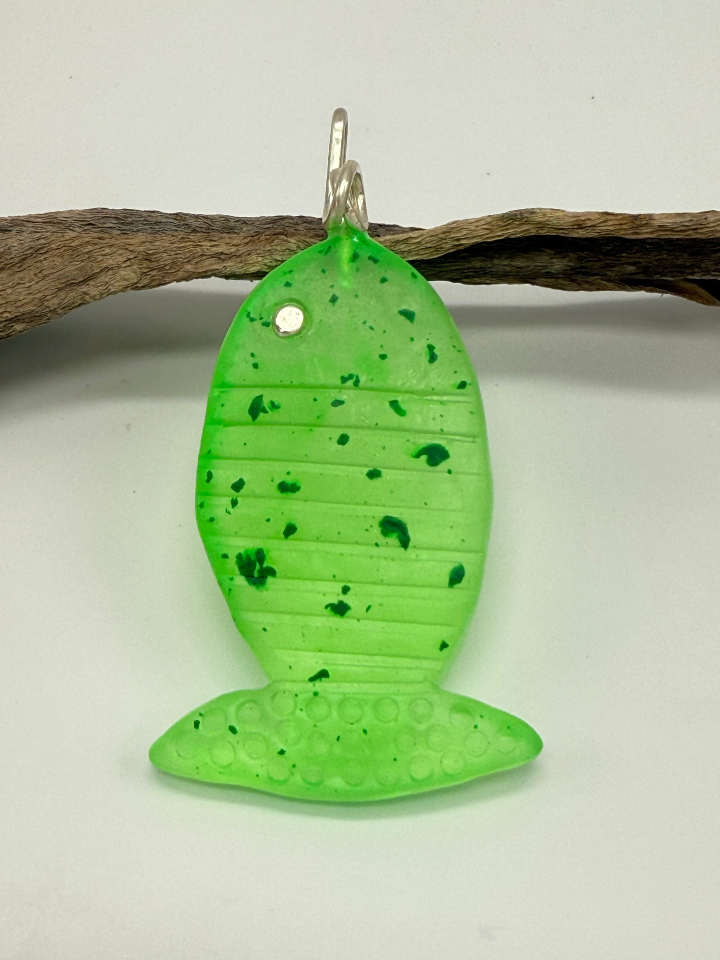 Translucent Neon Green Fish resin & sterling silver pendant