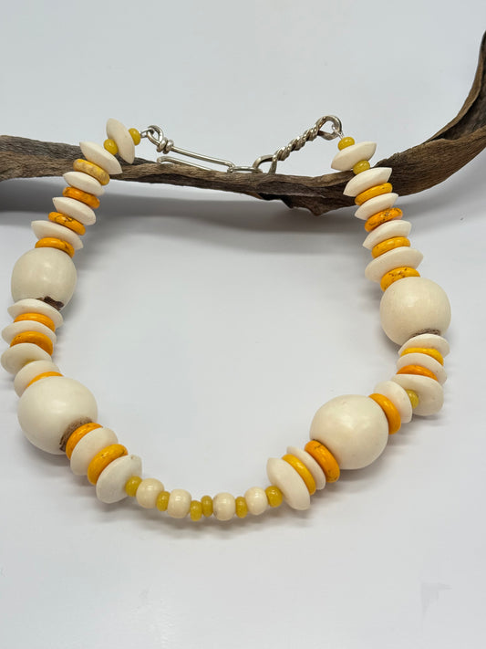 Yellow semi precious stones & bone beads with Sterling silver catch