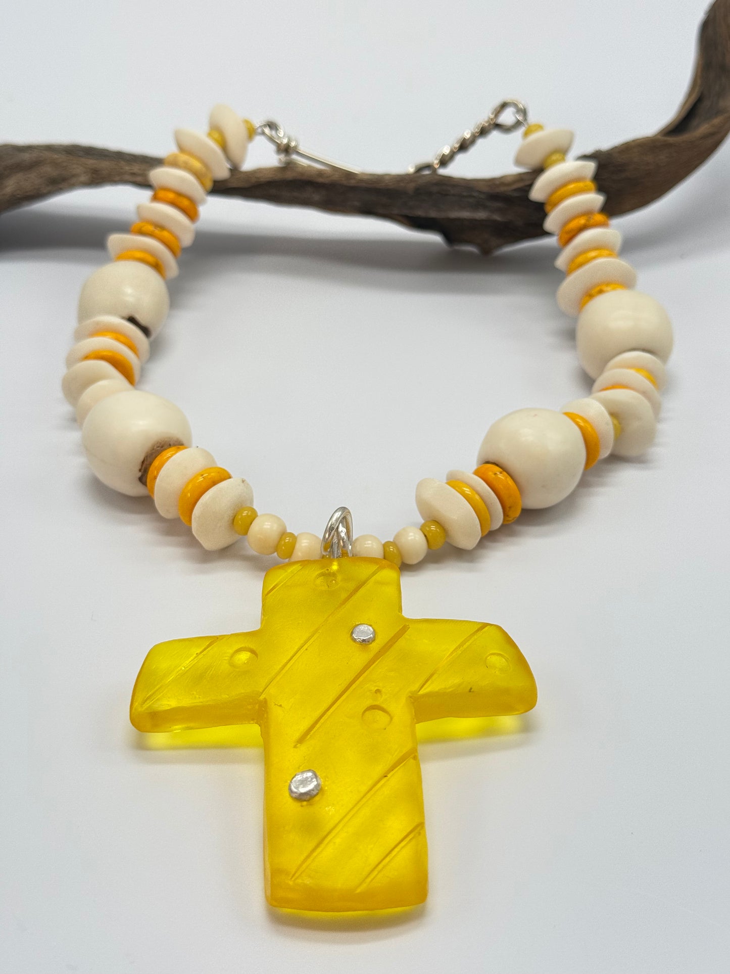 Translucent Yellow resin Cross & sterling silver pendant