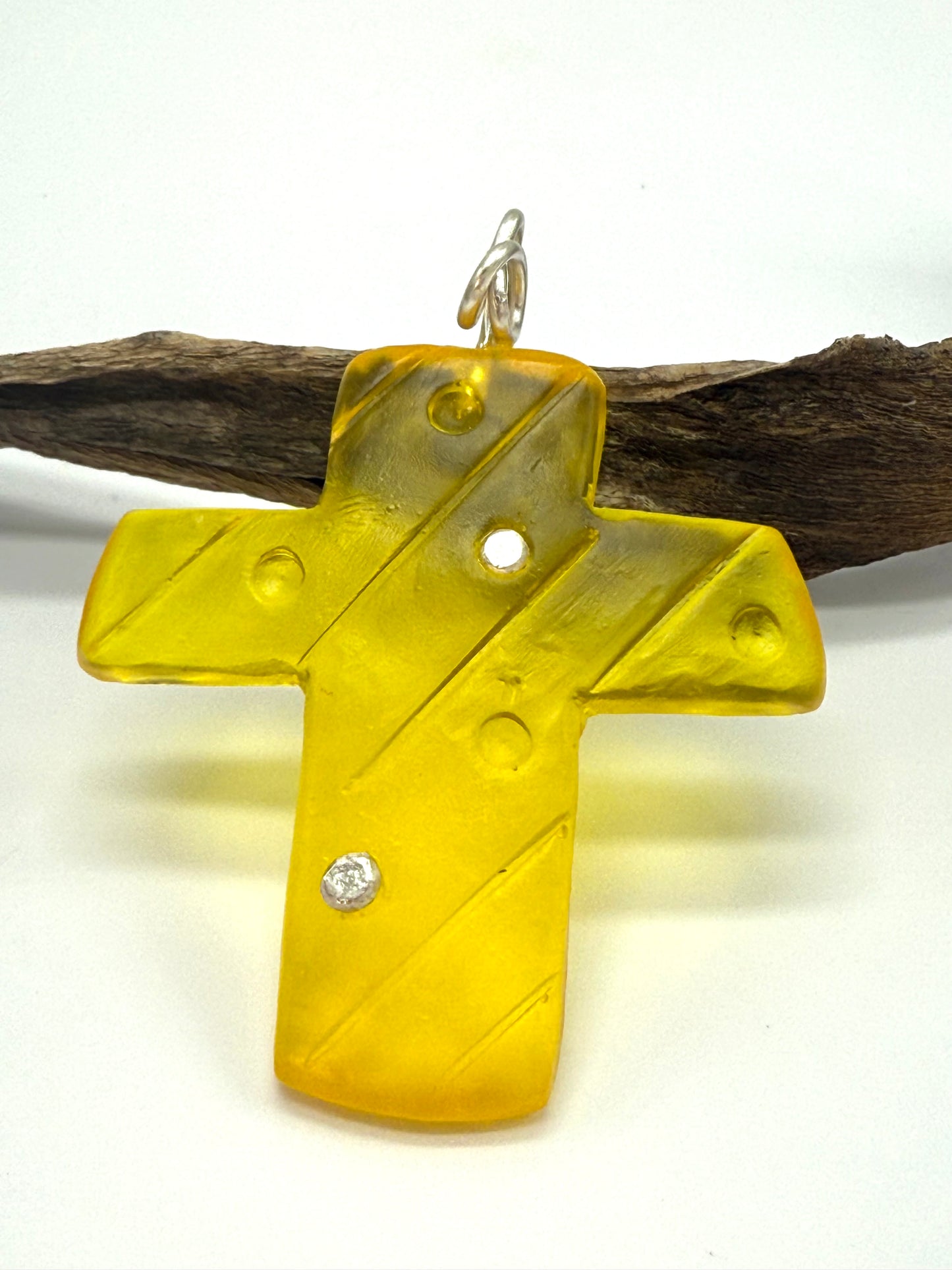 Translucent Yellow resin Cross & sterling silver pendant