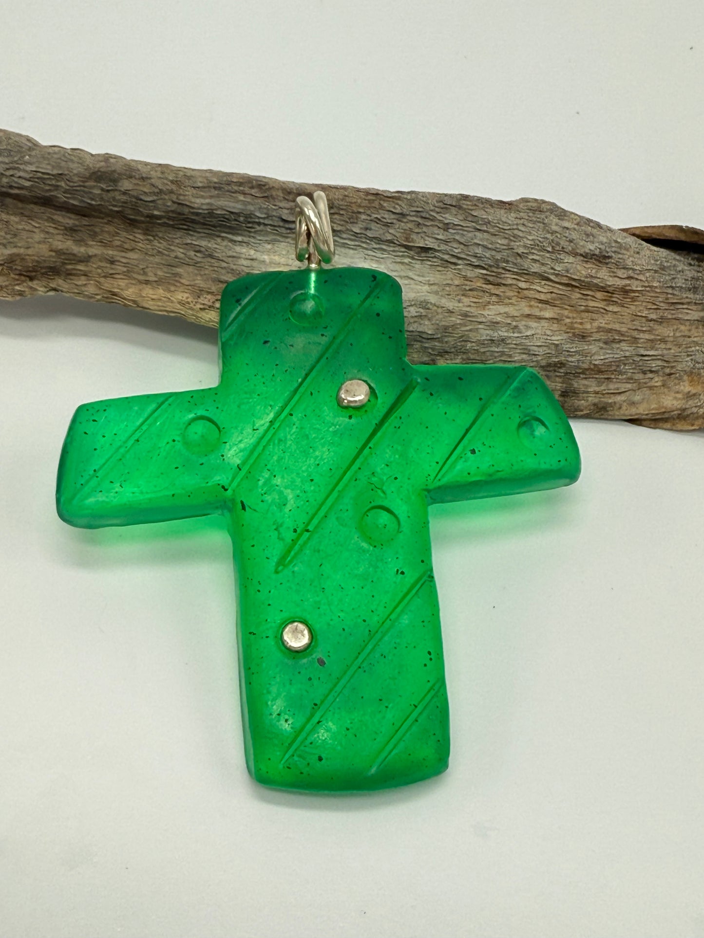 Translucent Green resin Cross & sterling silver pendant