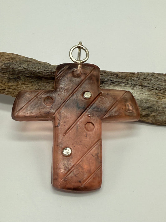 Translucent Tortoise Shell resin Cross & sterling silver pendant