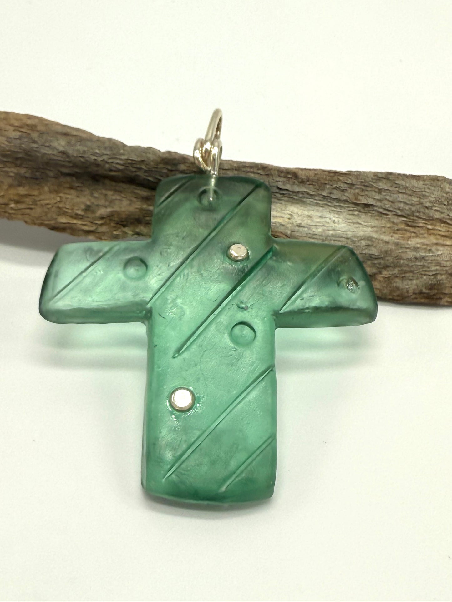 Translucent Kale Green resin Cross & sterling silver pendant