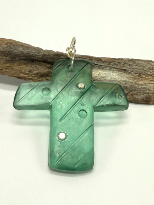 Translucent Kale Green resin Cross & sterling silver pendant