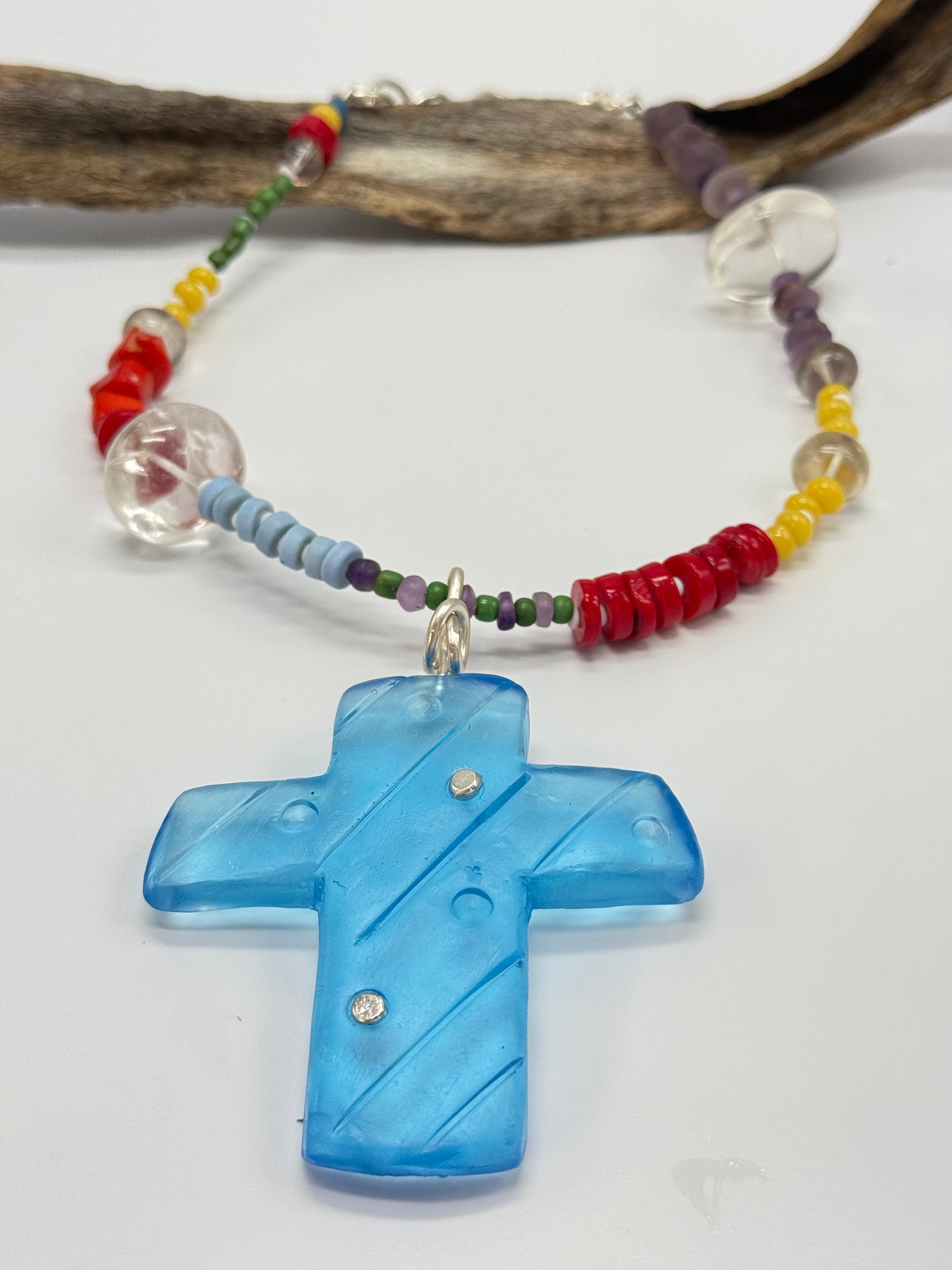 Translucent Blue Cross resin Cross & sterling silver pendant