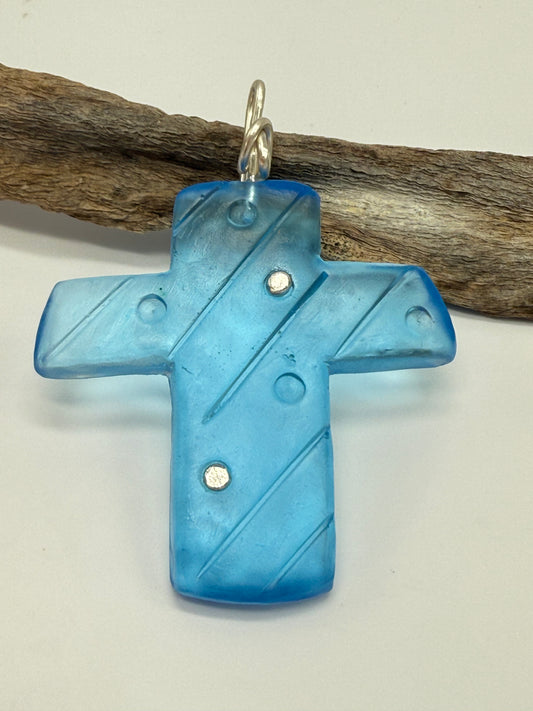 Translucent Blue Cross resin Cross & sterling silver pendant