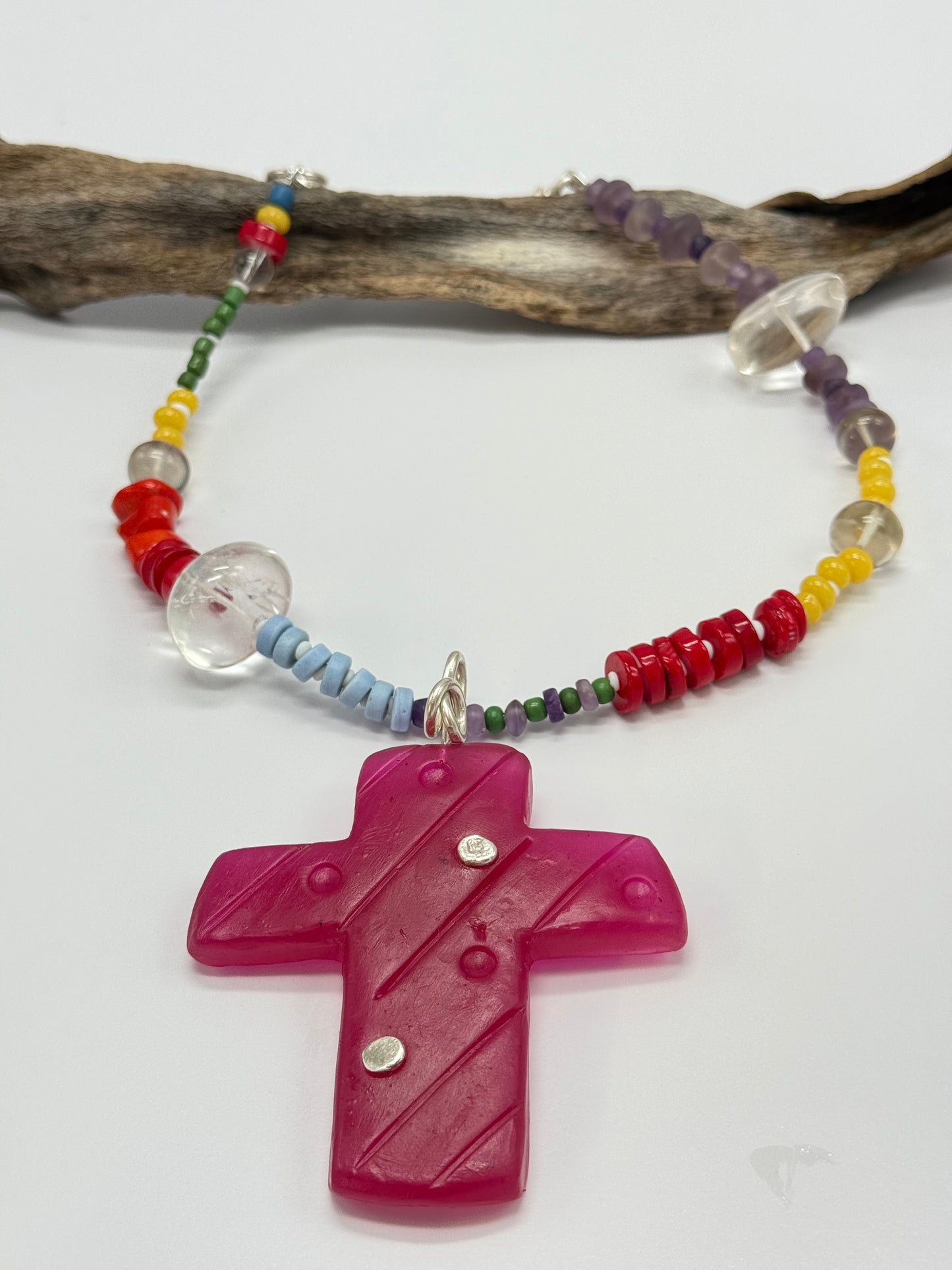 Cherry coloured Cross resin Cross & sterling silver pendant