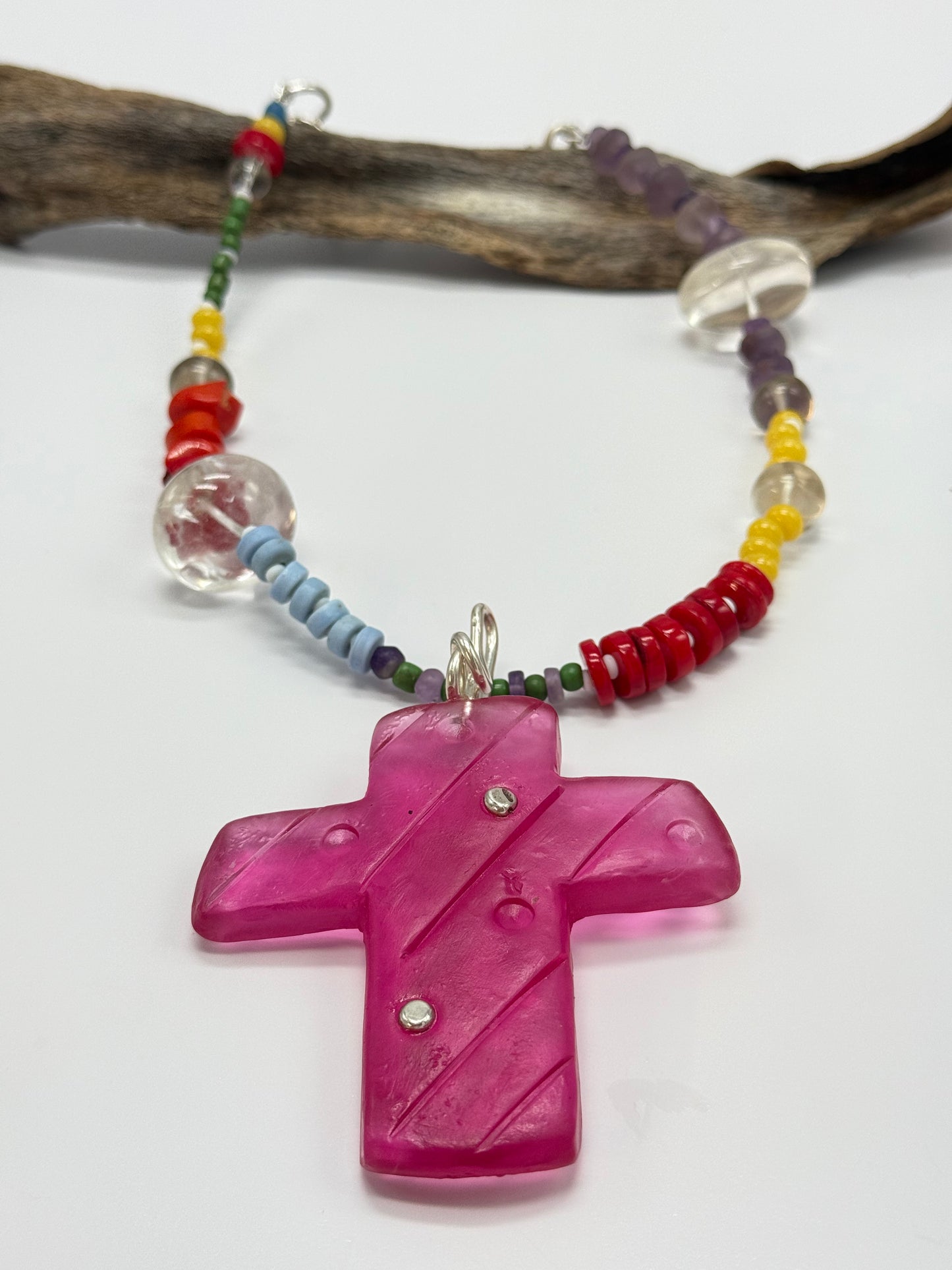 Translucent Red coloured Cross resin Cross & sterling silver pendant