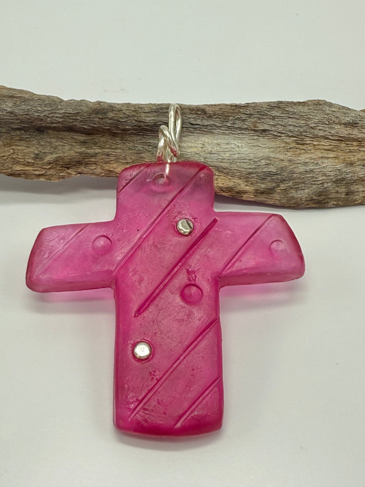 Translucent Red coloured Cross resin Cross & sterling silver pendant