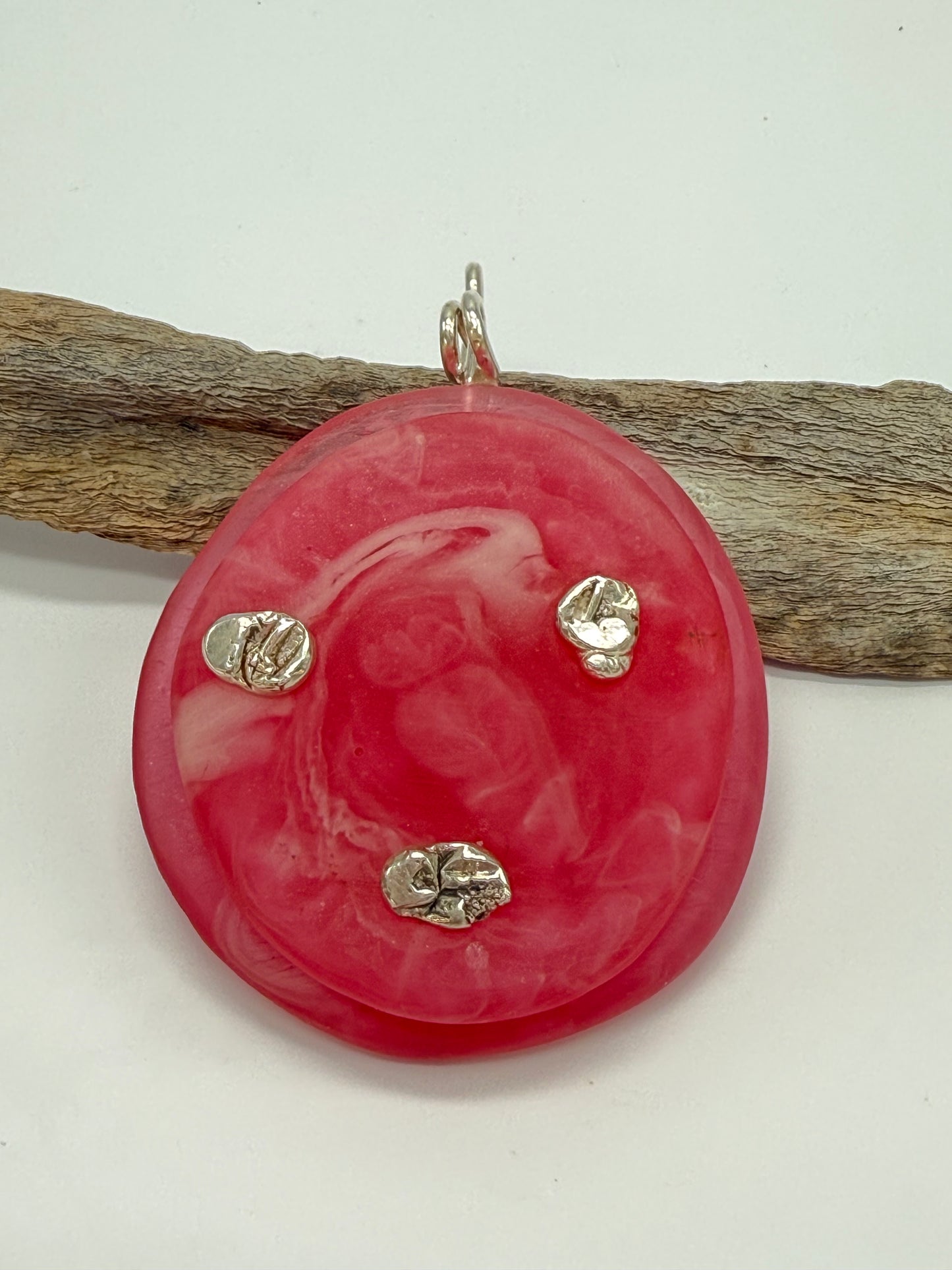 Double layered Red & white swirl resin & sterling silver pendant