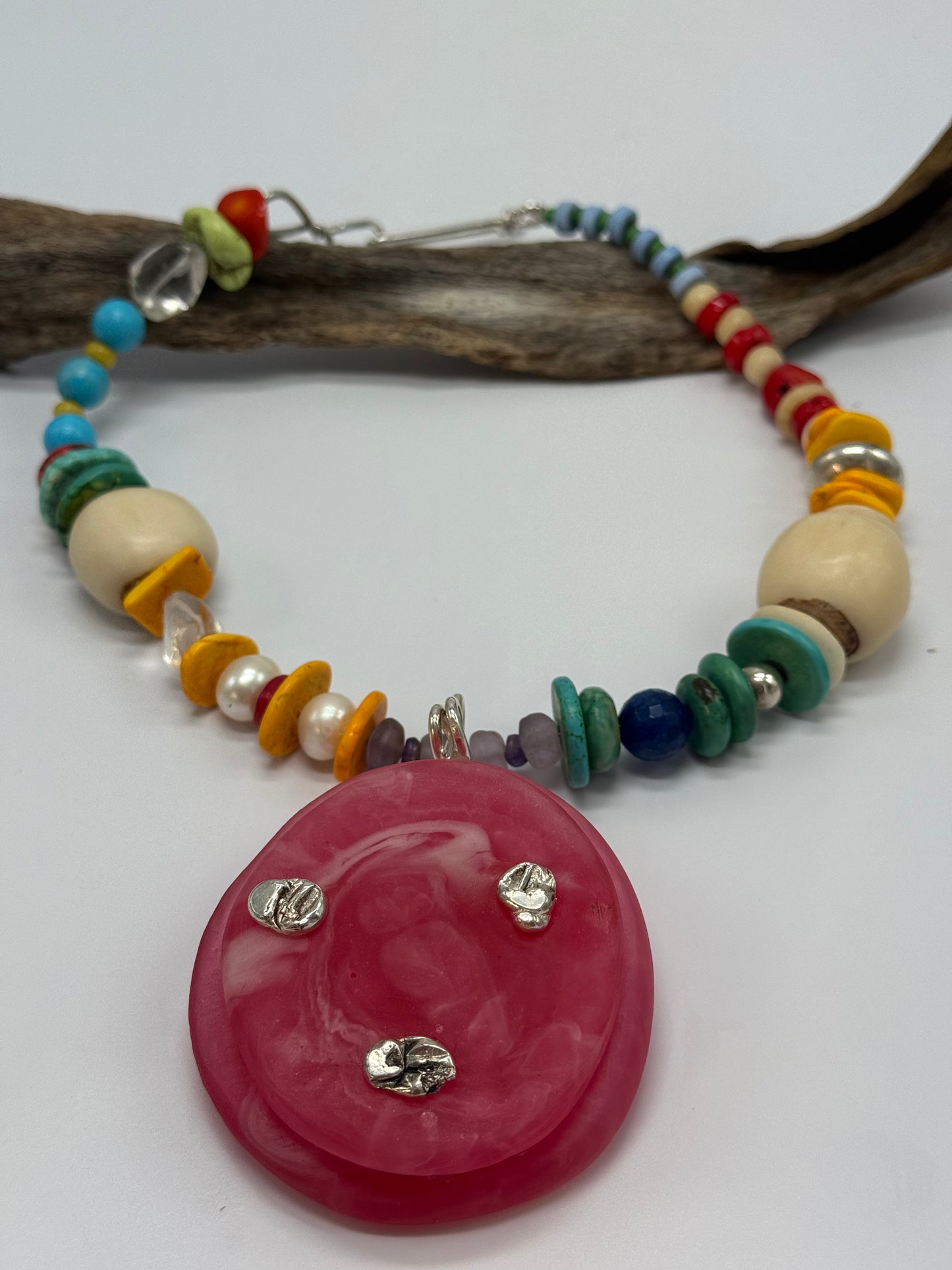 Double layered Red & white swirl resin & sterling silver pendant