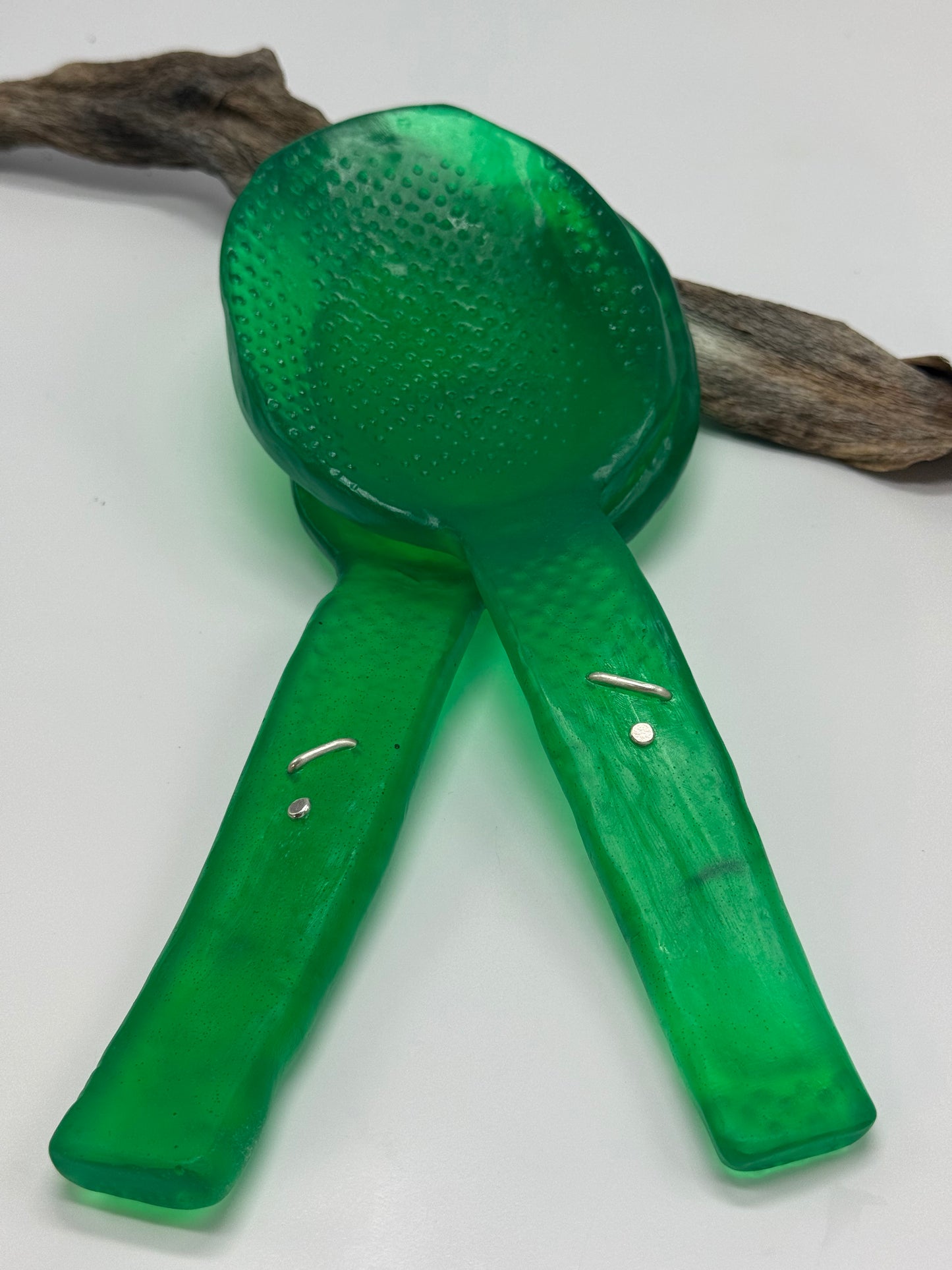 Salad Servers -Translucent Jade Green resin & sterling silver