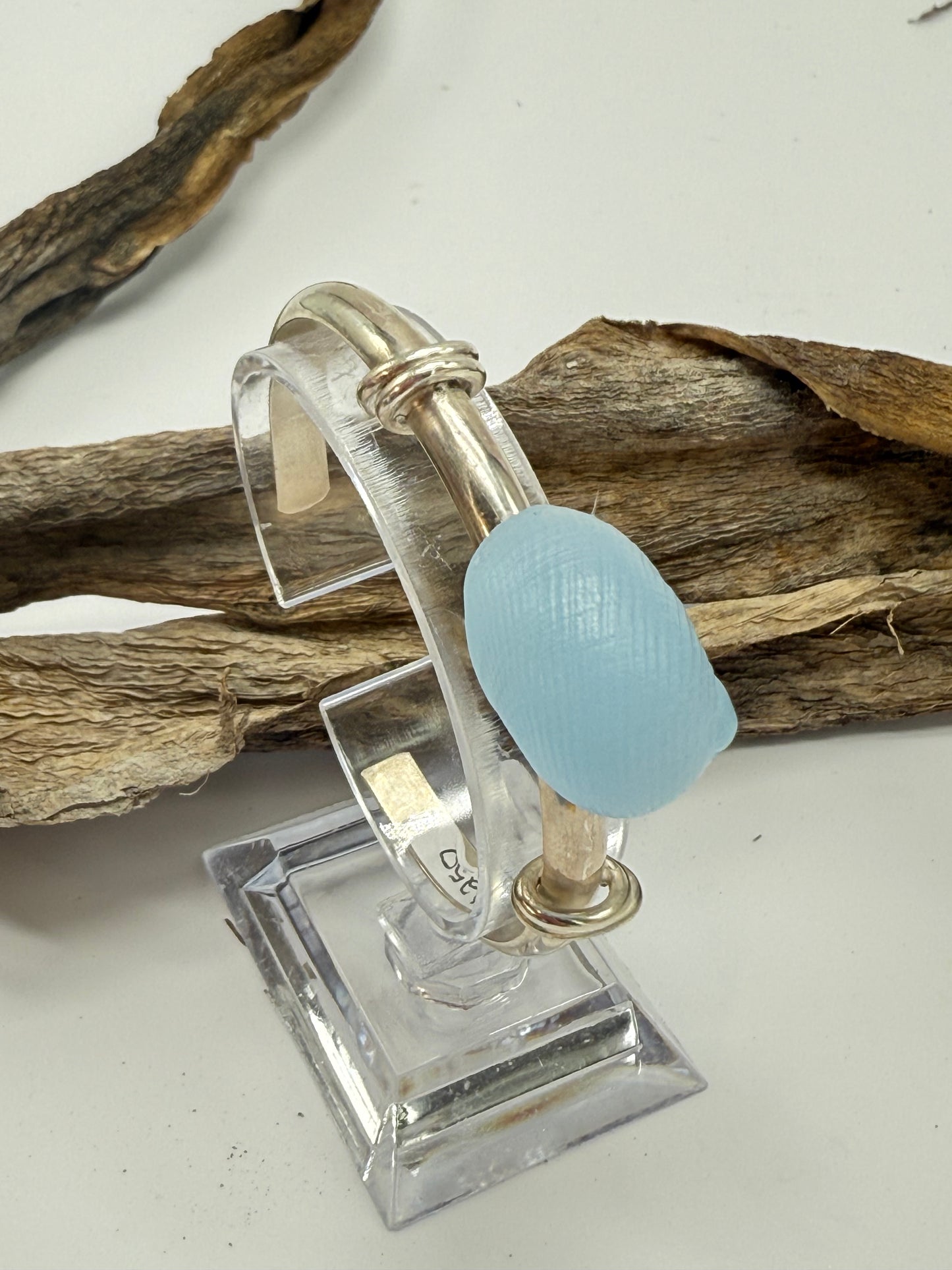 Sterling Silver Half round cuff with Sky Blue Resin Shell