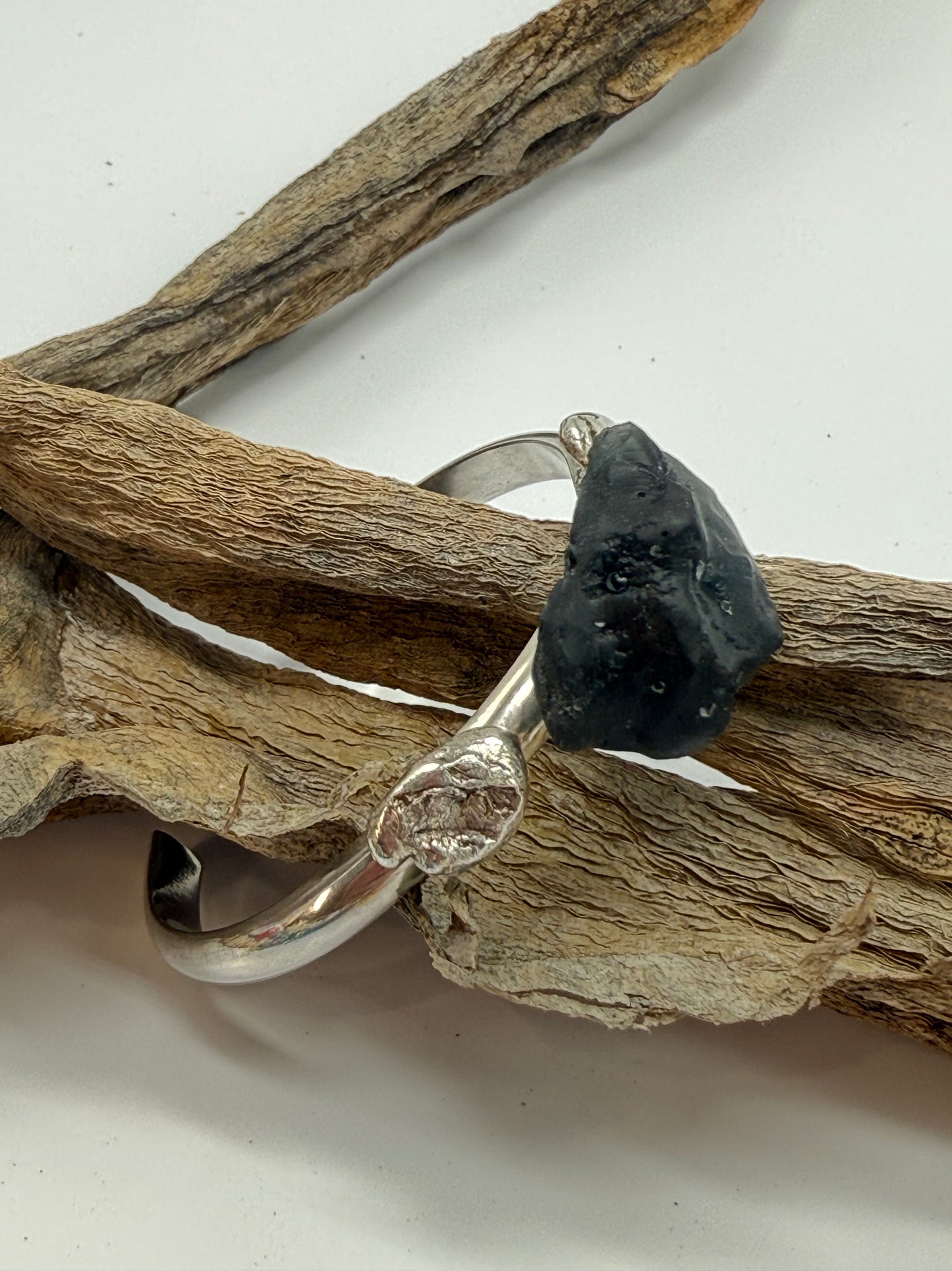Sterling Silver Half round cuff with Black Resin Organic shape