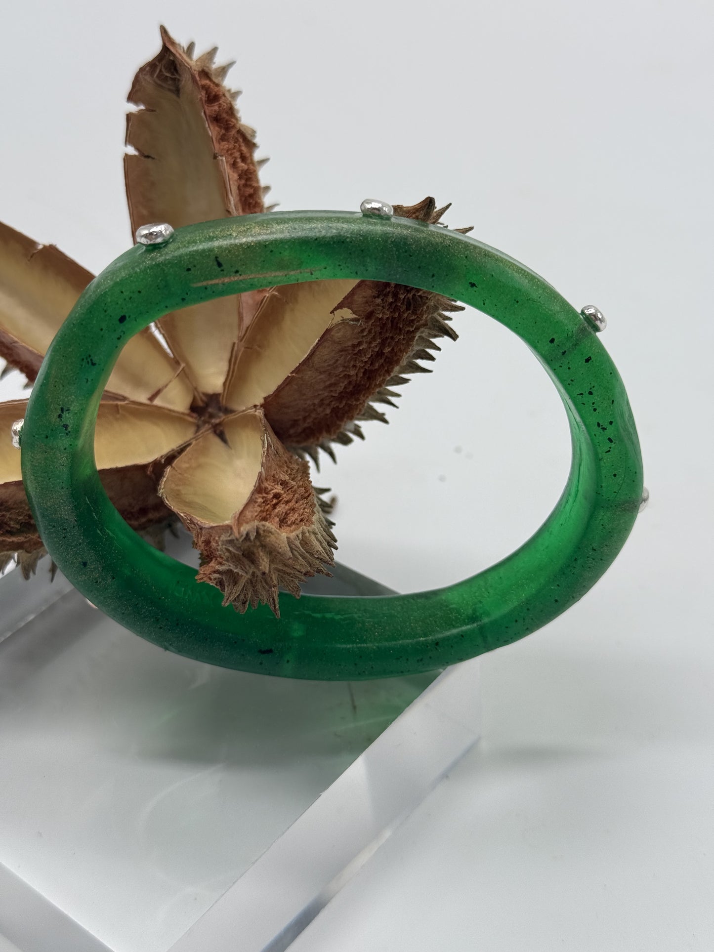 Jade Green/gold ResinKWD Classic Bangle  with silver rivets - XL