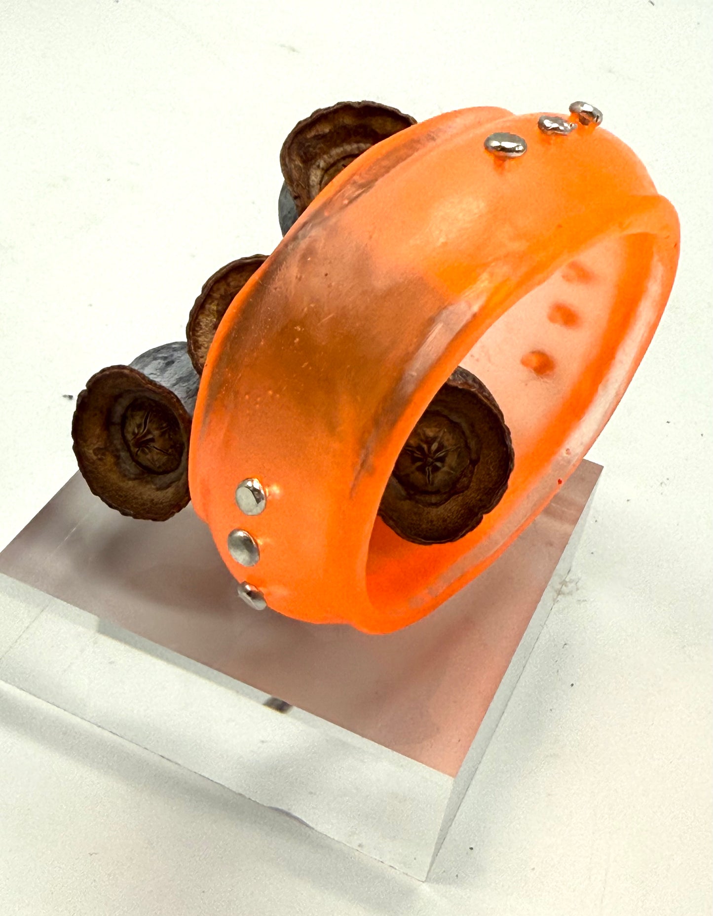 Orange Resin & silver wide bangle - regular hand size